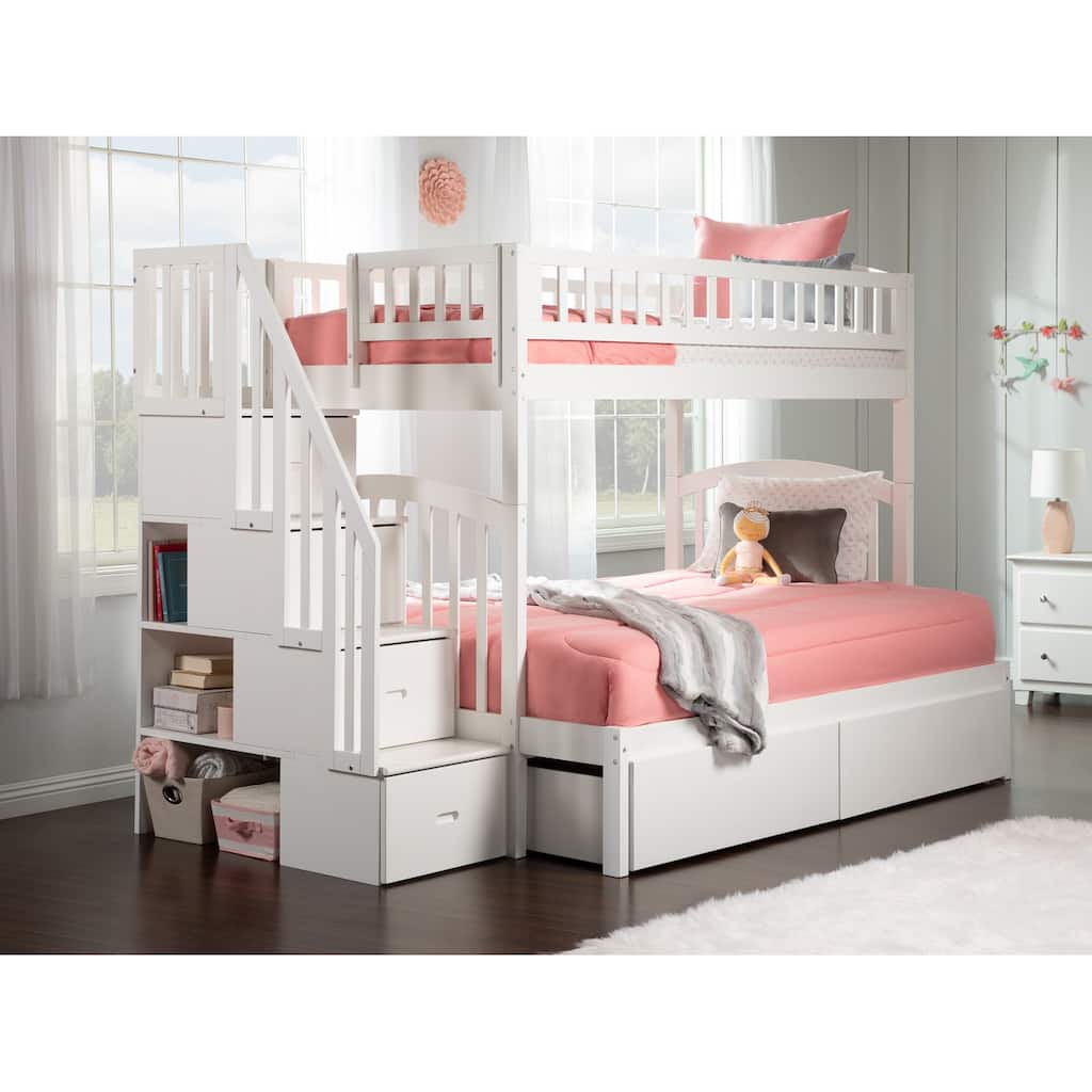 AFI Westbrook Twin over Full Size Staircase Bunk Bed with Bed Drawers & Charging Station in White