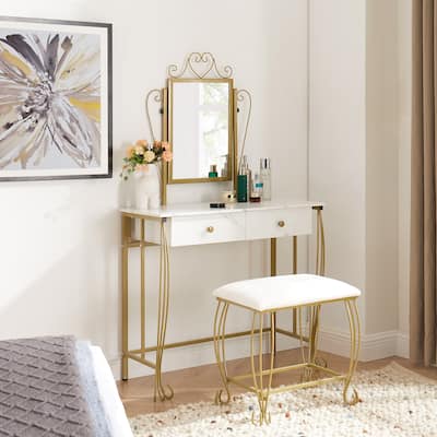 2-Piece Vanity Set with Mirror, 2 Drawers Makeup Dressing Desk with Cushioned Stool, Modern Makeup Vanity Table with Mirror
