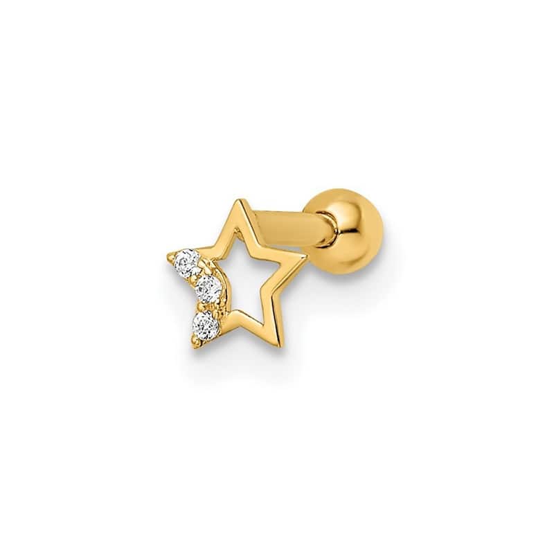 Curata 14k Yellow Gold 19g Internally Threaded Cubic Zirconia Star Labret Cartilage Stud (5.14x 10.54mm)
