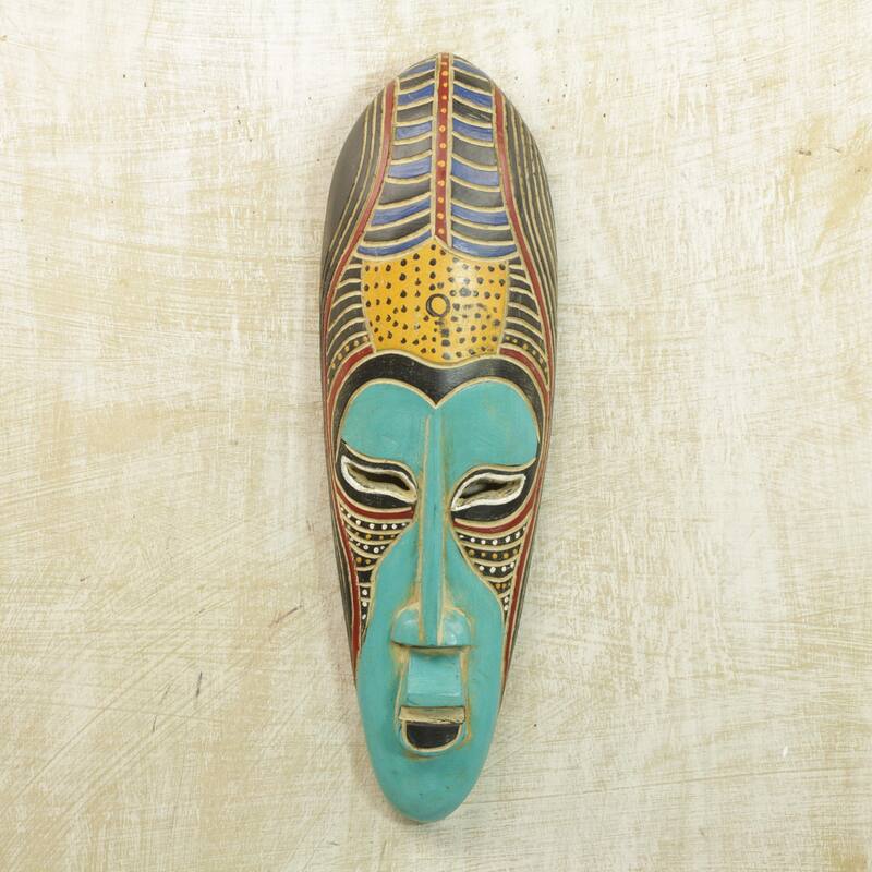 Handmade Blue Akoni African Wood Mask (Ghana) - 19" H x 6" W x 2.8" D