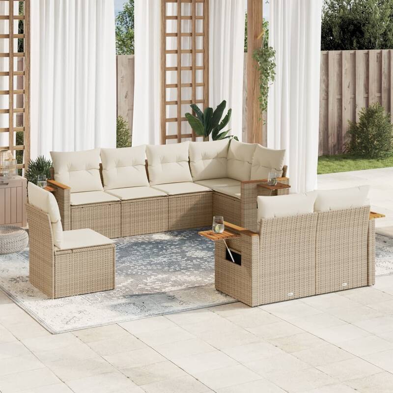 vidaXL Patio Sofa Set with Cushions Outdoor Conversation Furniture Poly Rattan - Beige and cream without table - 24.4 x 33.5 x 27.2 in