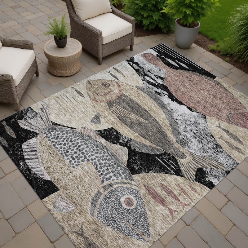 Machine Washable Indoor/ Outdoor Modern Fish Chantille Rug