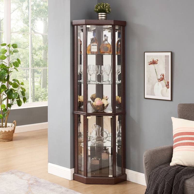 Lighted Corner Curio Cabinet - Elegant Glass Display Case for Display Storage - Perfect for Antique Collections & Wine