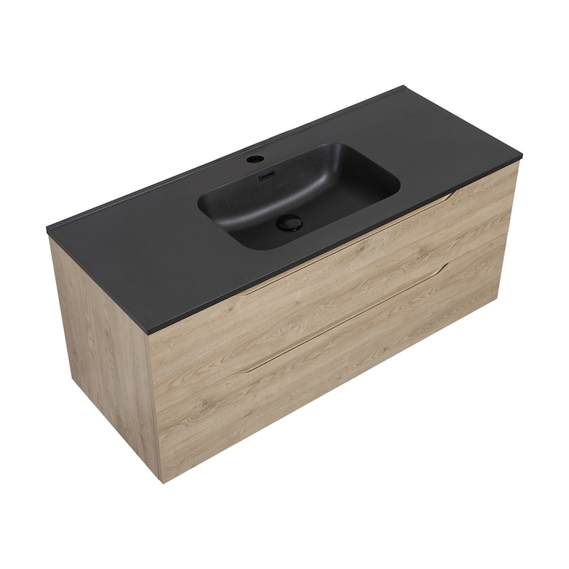 RupheonD 24"-48" Floating Bath Vanity in Evita Oak with Black Quartz Top - 48 in.Vanity Single Sink