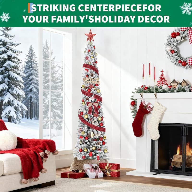 Snow Flocked Christmas Tree with Sturdy Metal Stand for Home, Office, Party Decoration