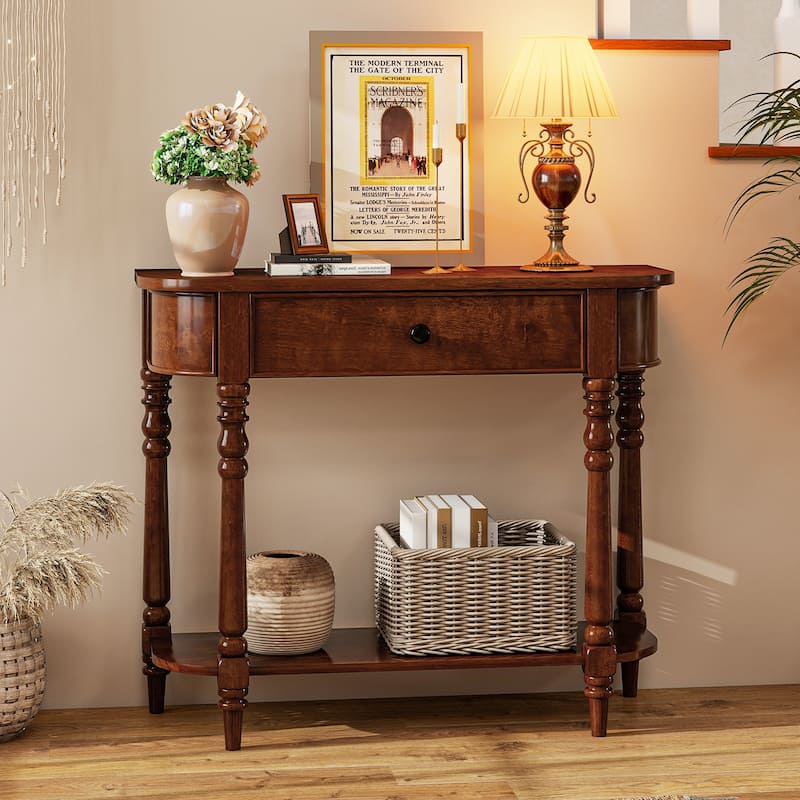Retro Solid Wood Console Table with Drawer and Shelf Narrow Entryway Sofa Table for Living Room Hallway - 36" x 13" x 31"