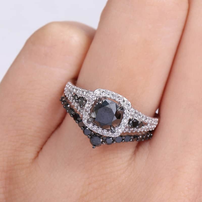 Miadora 10k White Gold with Black Rhodium 1 1/2ct TDW Black & White Diamond Halo Bridal Ring Set