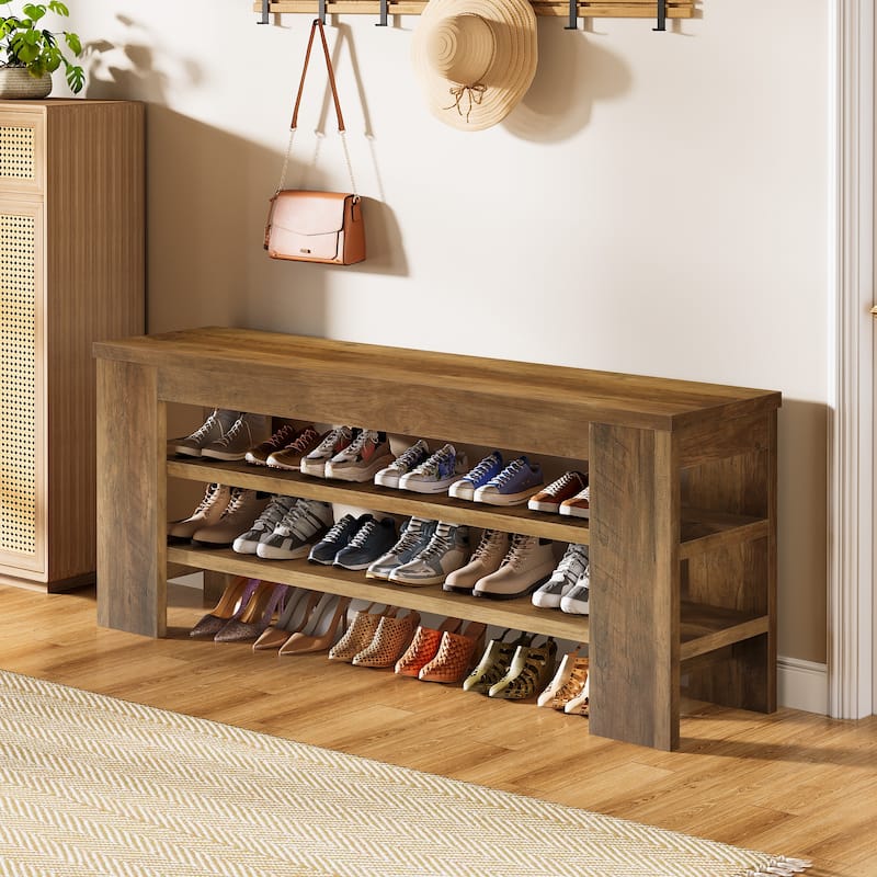 47'' Rustic Brown Wood 3-Tier Shoe Bench with Open Storage, Entryway Bench