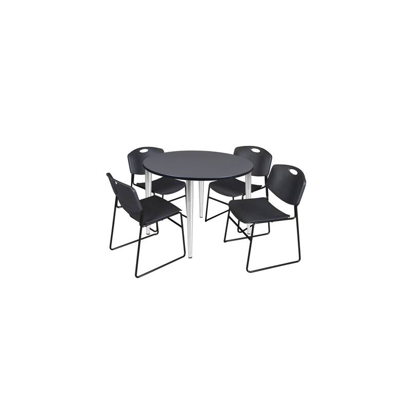 48 in. Round Breakroom Table- Grey Top, Chrome Base & 4 Stack Chairs- Black