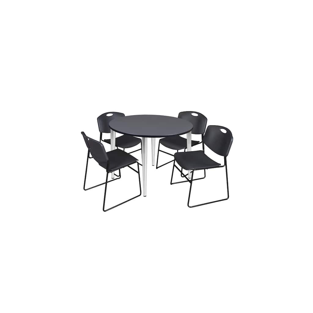 48 in. Round Breakroom Table- Grey Top, Chrome Base & 4 Stack Chairs- Black