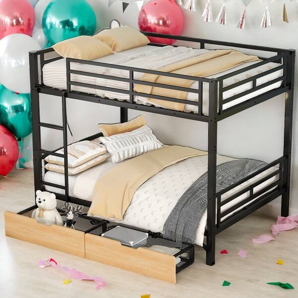 slide 2 of 10, Full Size Metal Convertible Bunk Bed with 2 Drawers, Black Black