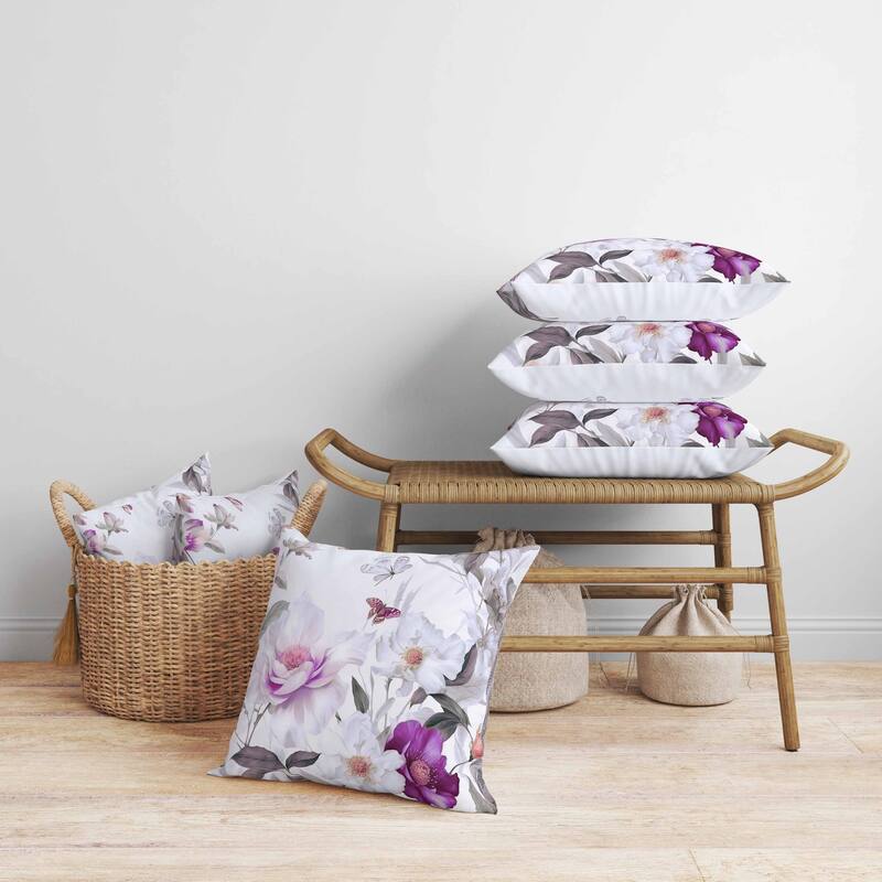 Leafy Lepidoptera Medley Faux Suede Reversible Throw Pillow White and Purple