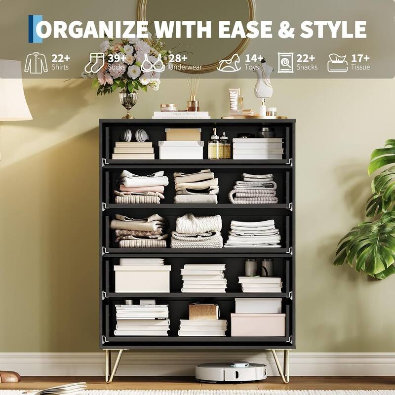 5 Drawer Fluted Dresser Storage Organizer for Bedroom, Living Room, Hallway