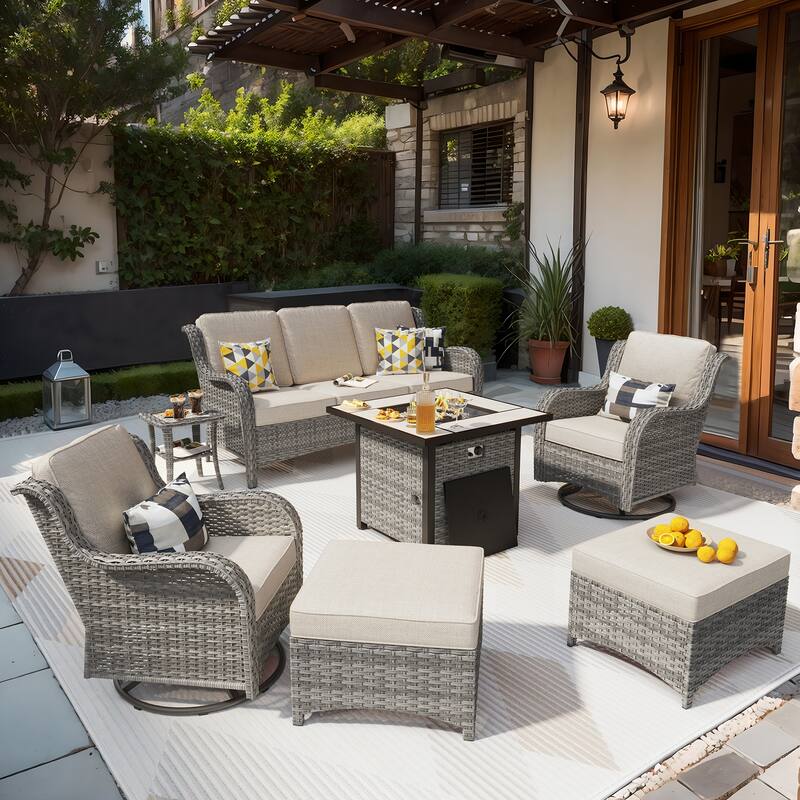 OVIOS 7-piece Patio Swivel Chair Set with 30" Fire Pit - Beige-Grey Wicker