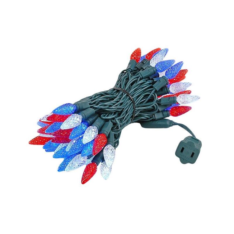 70 Light C6 LED Christmas Mini Light Set, Red/Pure White/Blue, Green Wire, 24' - Large