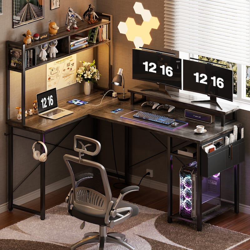 Farmhouse L-shaped Corner Desk with Charging Station, Gaming Table with Hutch and LED Light - Grey Oak