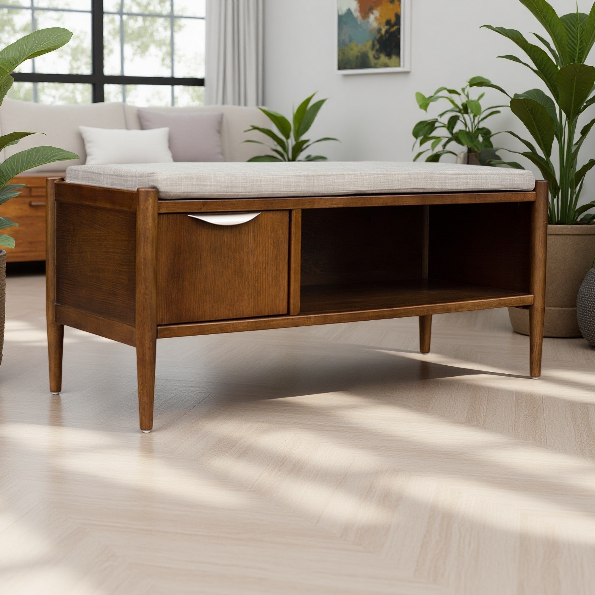 42"L Modern Accent Bench with Upholstered Cushion, Storage & Metal Handle - Solid Wood Frame with Medium Walnut Veneer