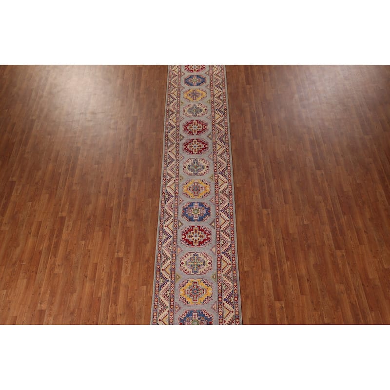 Grey Traditional Kazak Oriental Runner Rug Handmade Wool Carpet - 2'8" x 19'4"