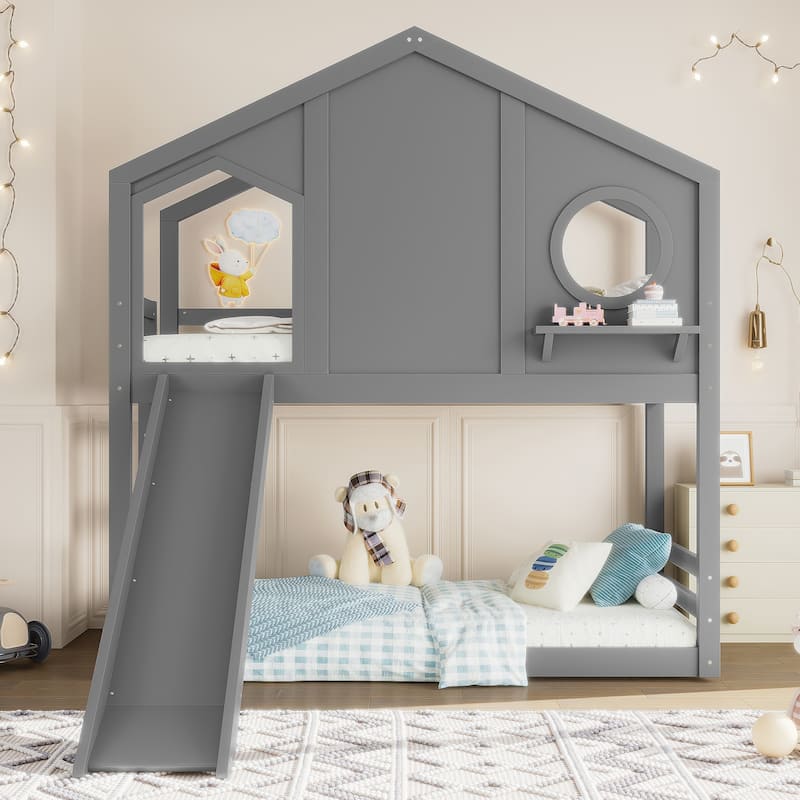 Twin House Bunk Bed with Slide & Storage Shelves - Solid Wood, Childlike Design, Window