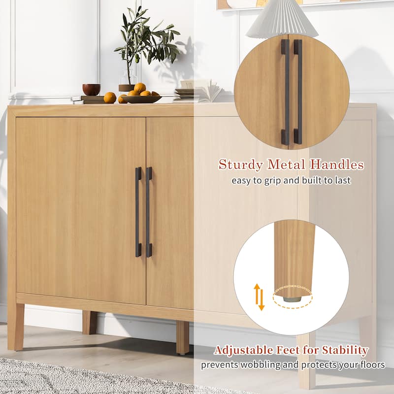 47.25"Sideboard with Pine Veneer and 2 Doors, Retro Buffet with Adjustable Feet, Wooden Storage Cabinet with Metal Handles