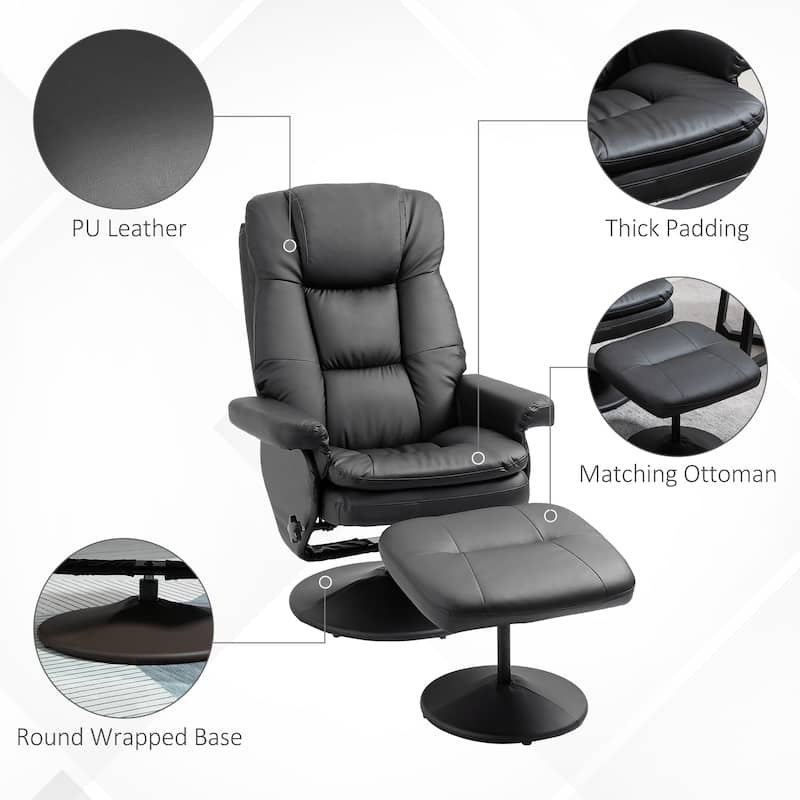 Swivel Reclining PU Leather Chair with Matching Ottoman, Adjustable Backrest & Padded Support for Living Room