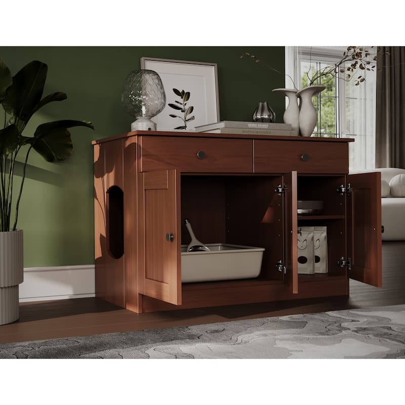 Palace Imports 100% Solid Wood Ziva 3-Door Cat Litter Box Enclosure with 2-Drawers