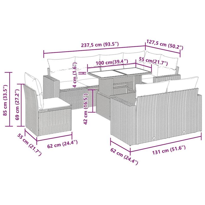 vidaXL Patio Sofa Set with Cushions Outdoor Furniture 9 Piece Poly Rattan - 21.7 x 39.4 x 28.7