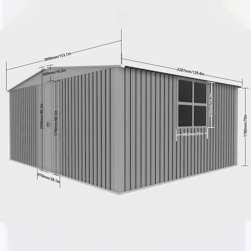 13x11 ft Outdoor Storage Shed, Metal Shed Firewood Shed, Grey