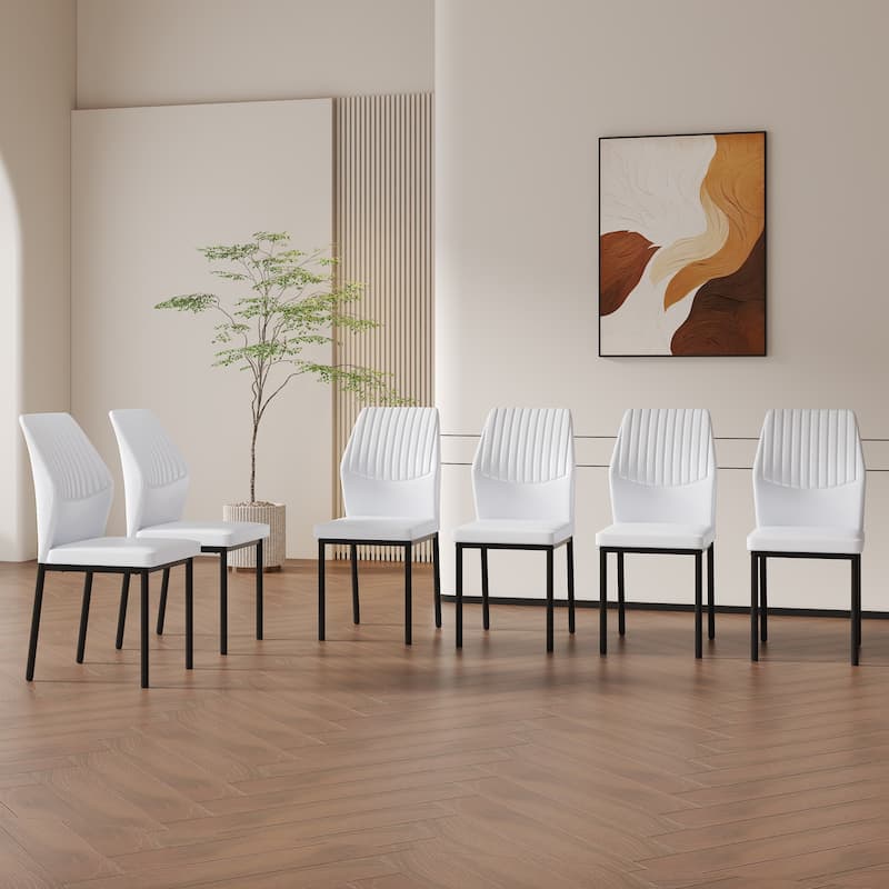 Luxury Simple Chair - Set of 6 PU Material High Resilience Dining Chair, Chair Back Has a Vertical Stripe Design - White+Black