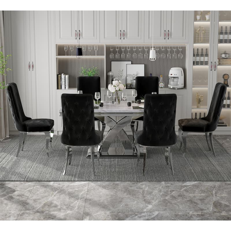 Silver Dining Room Table Set with 65 inch Table and Black Velvet Dining Chairs