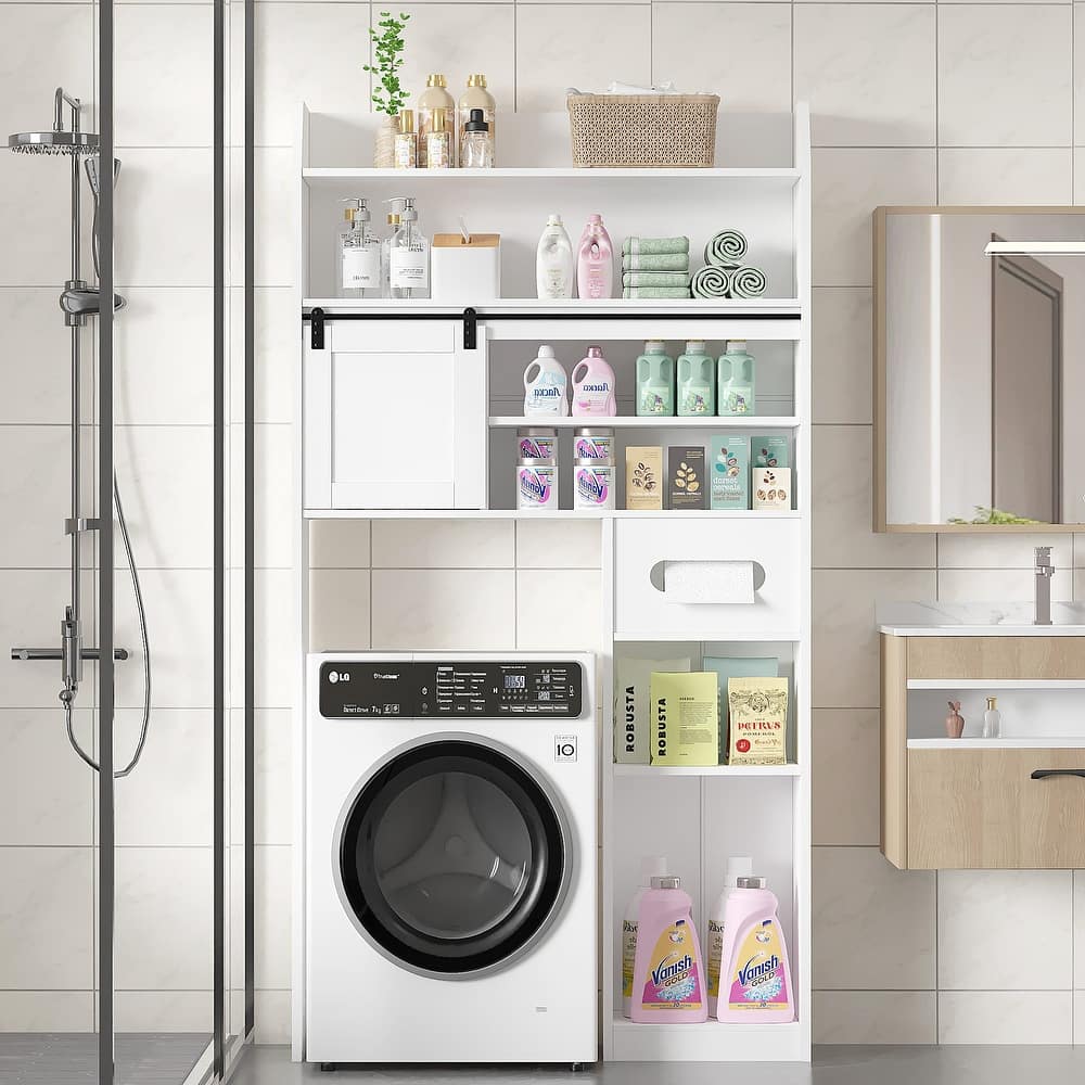 Javlergo White Multi-Purpose Over The Toilet Storage Cabinet with Metal Frame Adjustable Shelf Toilet Organizer Moving Panel