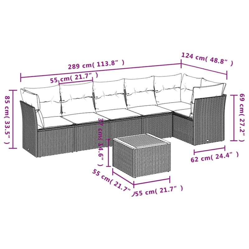 vidaXL Patio Sofa Set with Cushions Outdoor Furniture 7 Piece Poly Rattan - 21.7 x 21.7 x 14.6