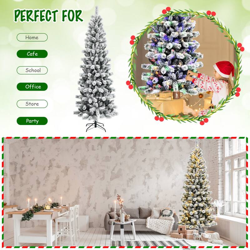 Gymax 5/6/7.5/8 ft Pre-lit Snow Flocked Artificial Christmas Tree w/