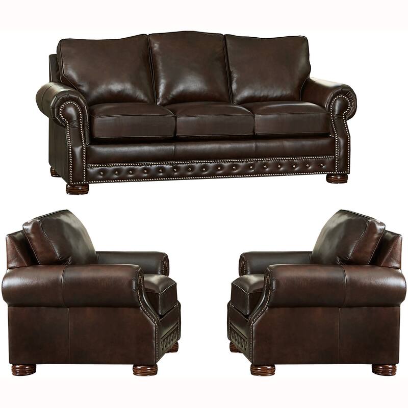 Made in USA Porto Top Grain Leather Sofa Bed and Two Chairs Set - Chocolate Brown