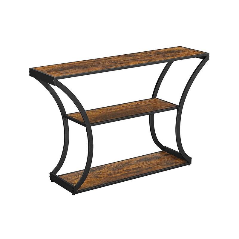 Black Metal Console Table with Curved Frames and 2 Open Wood Shelves for Modern Entryway or Living Room - Rustic Brown-Black