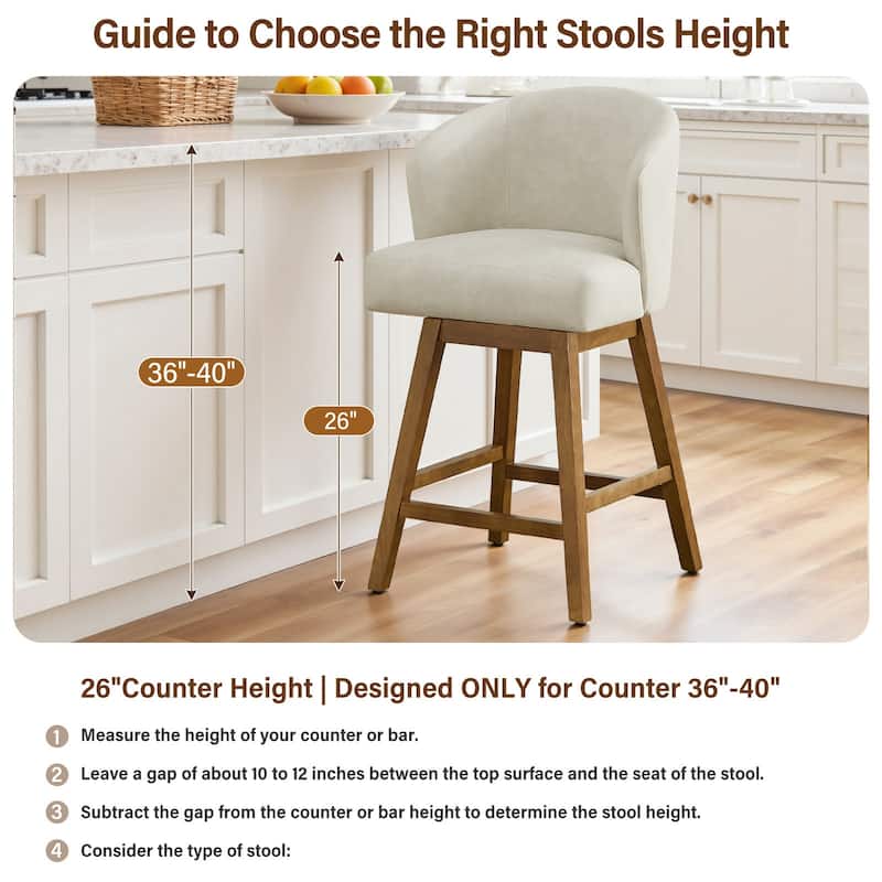 26 Inch Upholstered Swivel Counter Height Bar Stools with Back and Solid Wood Frame - 37.8"H x 20.9"W x 21.3"D