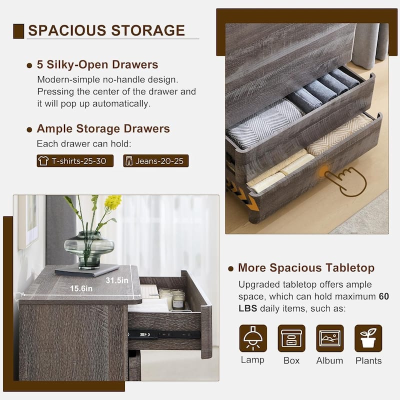Modern 5 Drawer Dresser for Bedroom, Handle-less Wooden Dressers