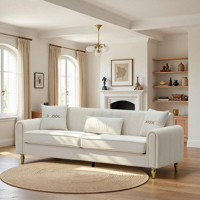 Roomfitters 87.4 Inch 3 Seater Elegant Modern Upholstered Sofa with Gold Metal Trim, Vertical Channel Tufted Back
