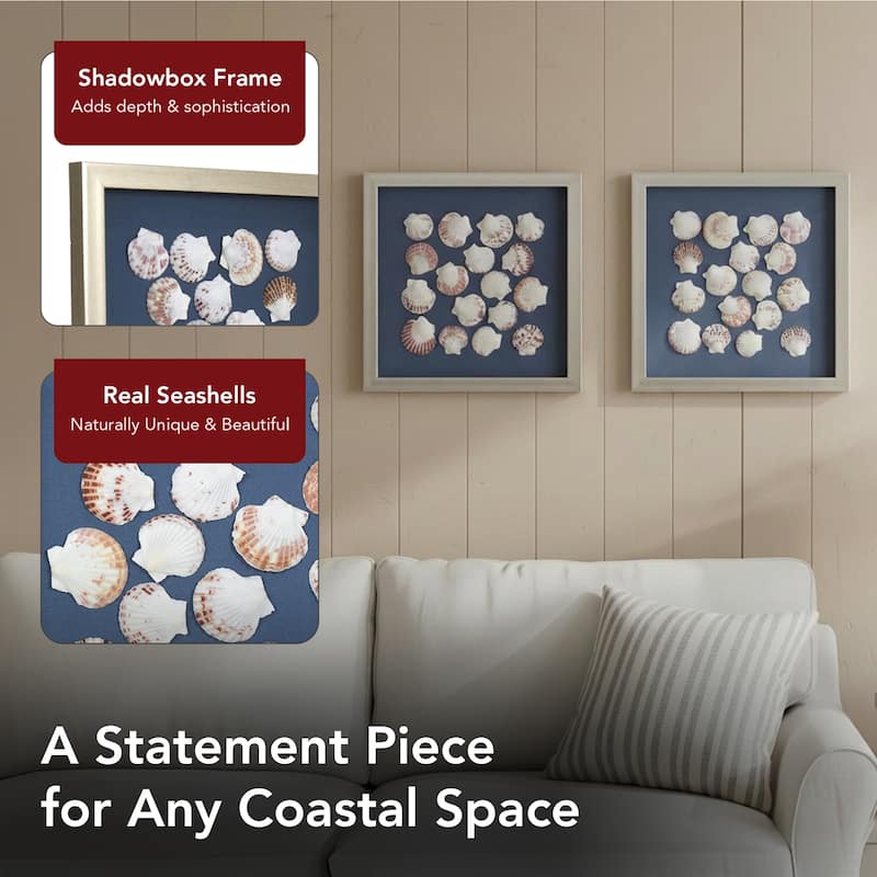 American Art Decor 2-Piece Coastal Seashell & Sea Glass Shadowbox Framed Wall Art Set
