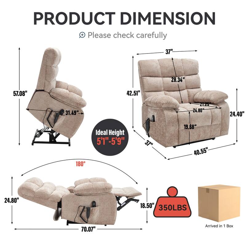 Roomfitters Oversized Power Lift Recliner Chair Dual Motor Infinite Position Heat Massage Sofa for 350lbs Capacity