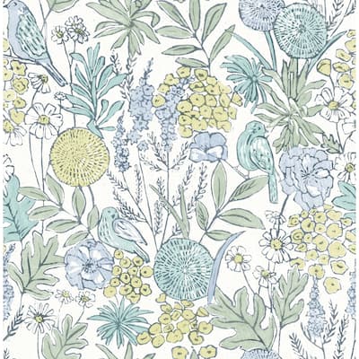 Chesapeake Goldfinch Aqua Birds and Blooms Wallpaper