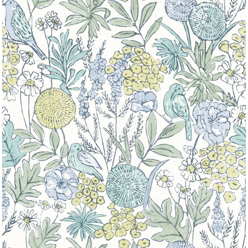 Chesapeake Goldfinch Aqua Birds and Blooms Wallpaper