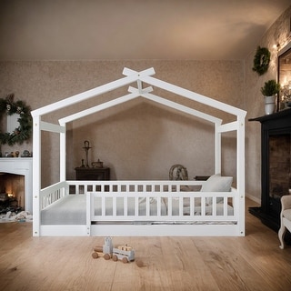 Full Size Wood Bed House Bed Frame with Fence, for Kids - Bed Bath ...