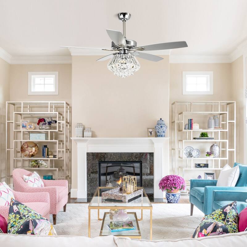 Glam Chrome 3-Light 5-Blades Crystal Chandelier Ceiling Fan with Remote and Light Kit - 52 Inches