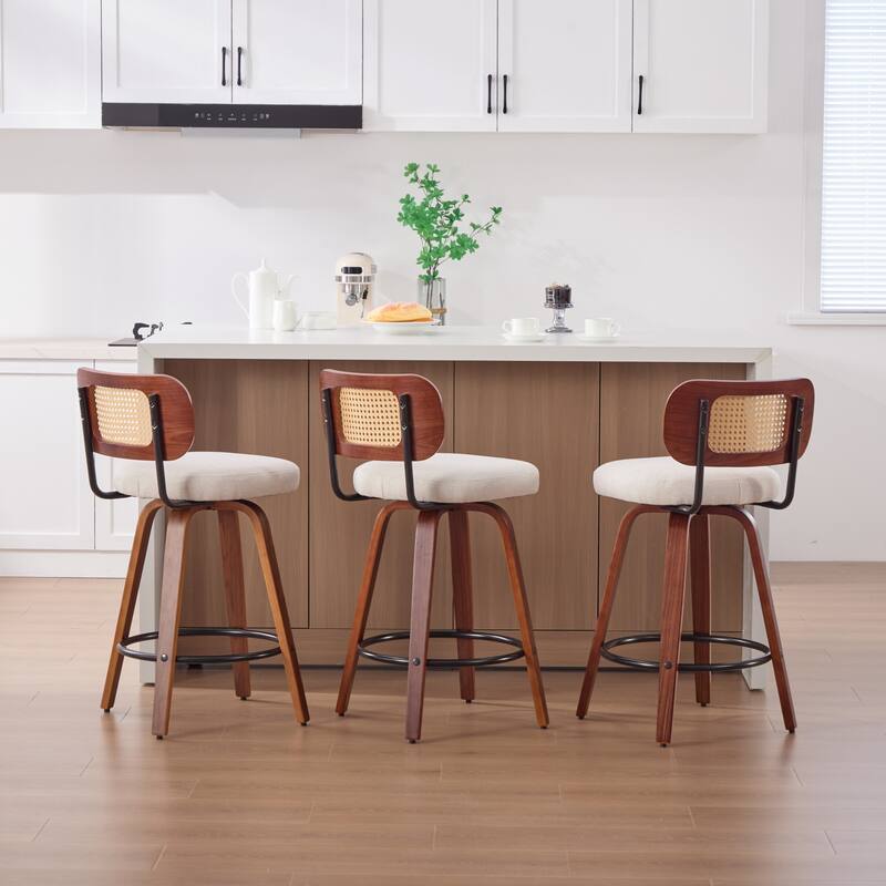 GDFStudio - Renley Rustic 26" Rattan Cane Back 360° Swivel Counter Height Bar Stools