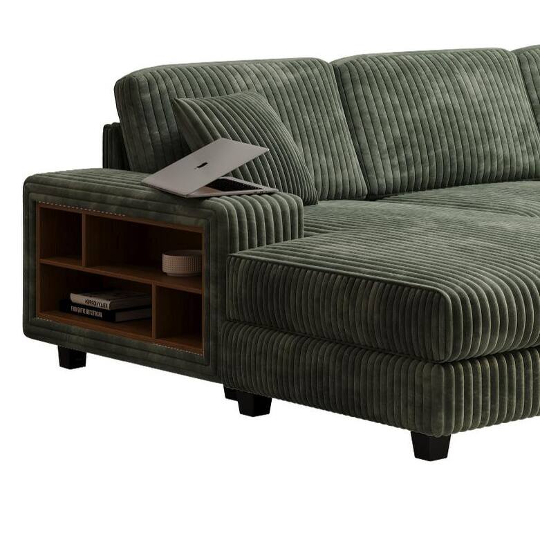 139.76" Corduroy U-Shape Sectional Sofa with Storage Armrests and Pocket Spring Cushions