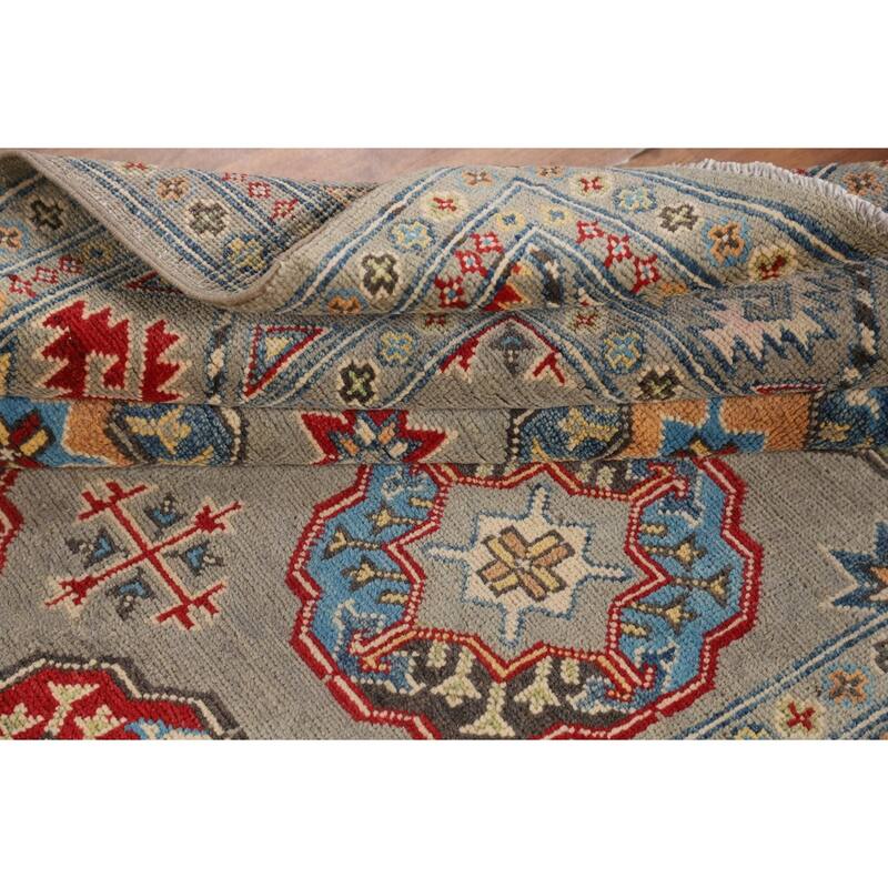 Geometric Grey Kazak Oriental Area Rug Handmade Wool Carpet - 4'10" x 6'11"