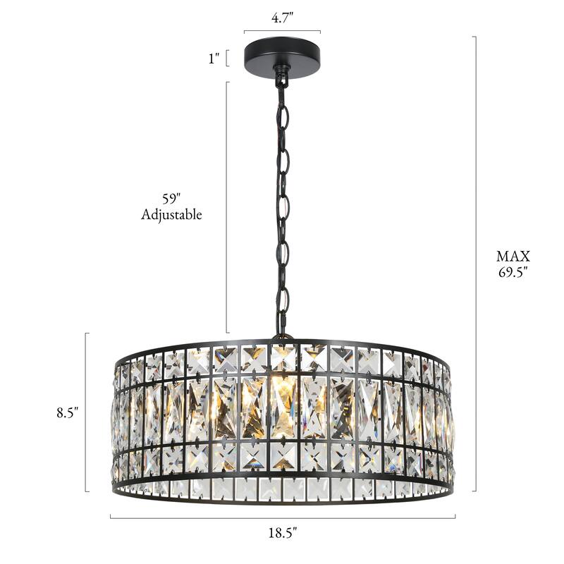 Aulia Modern 3-Light Black Crystal Drum Chandelier for Living Dining Room