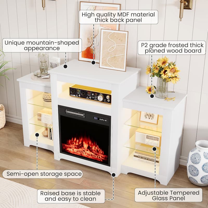 32" H Fireplace TV Stand, 55/70 Inch Media Console for TVs up to 80", Remote, Storage & LED Lights