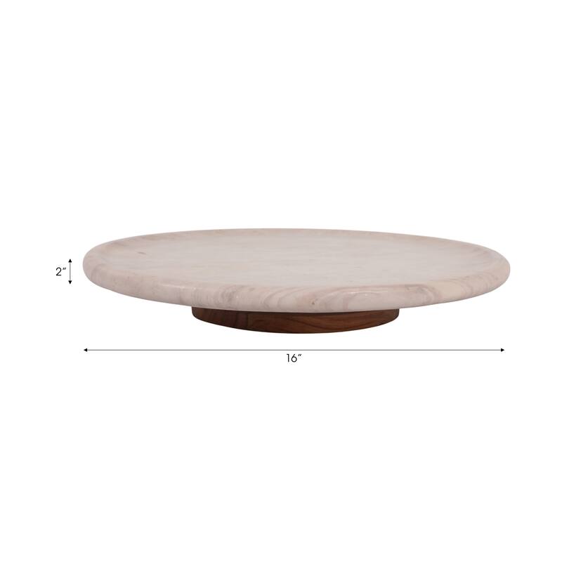 Decorative Tray - Ivory Wood Marble Round Lazy Susan - 16", Ivory - 16" x 16" x 2"